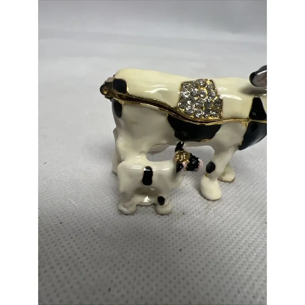Cow & Calf B & W Rhinestones & Gold Trim Jewelry Trinket Box